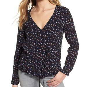 Rails Beaux Mariposa Ruffle Waist Butterfly Print Long Sleeve Blouse M Medium